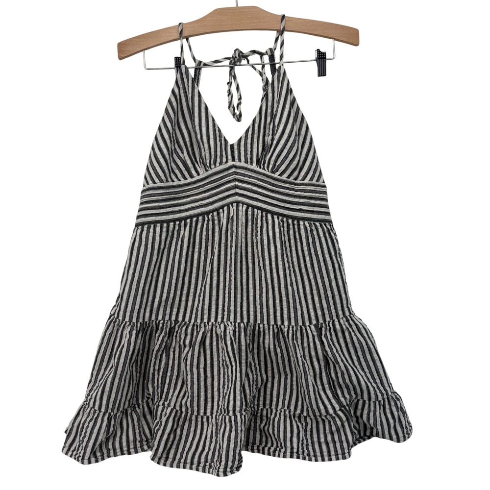 American Eagle Striped Halter Mini Dress Blue White Cotton Linen Tiered M